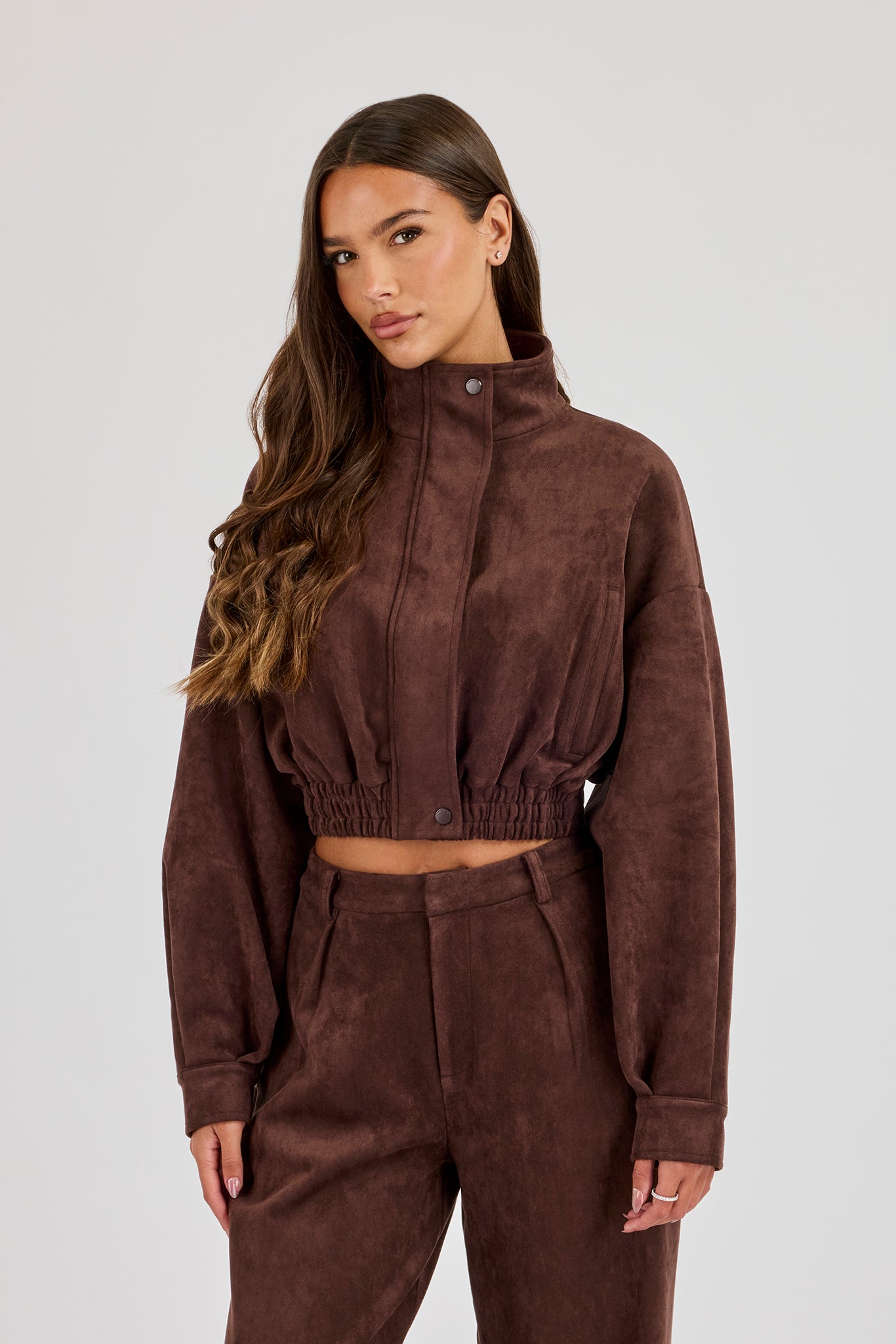Suede Cropped Funnel Neck Jacket - Chocolate